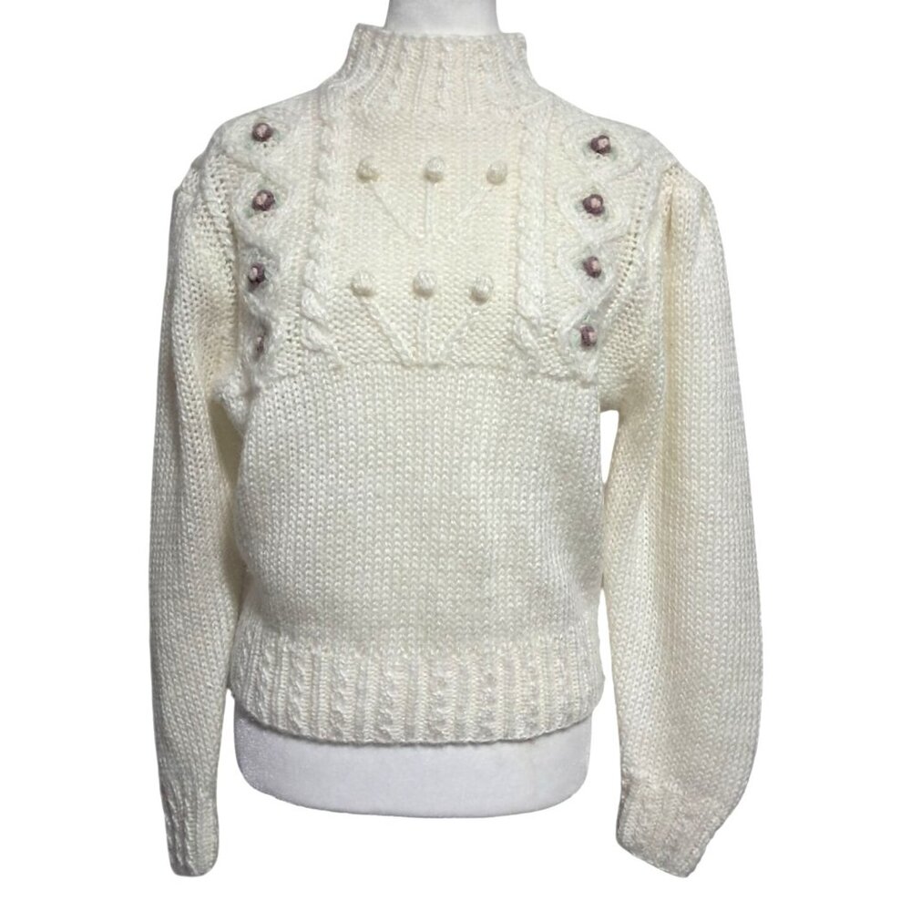 Vintage Paris Sport‎ Club White Cable Knit Sweater With Floral Embroidery & Mock